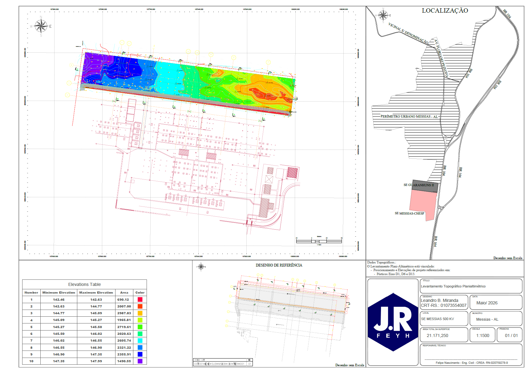 Prancha de levantamento topográfico planialtimétrico da SE Messias 500 kV com mapa de elevações